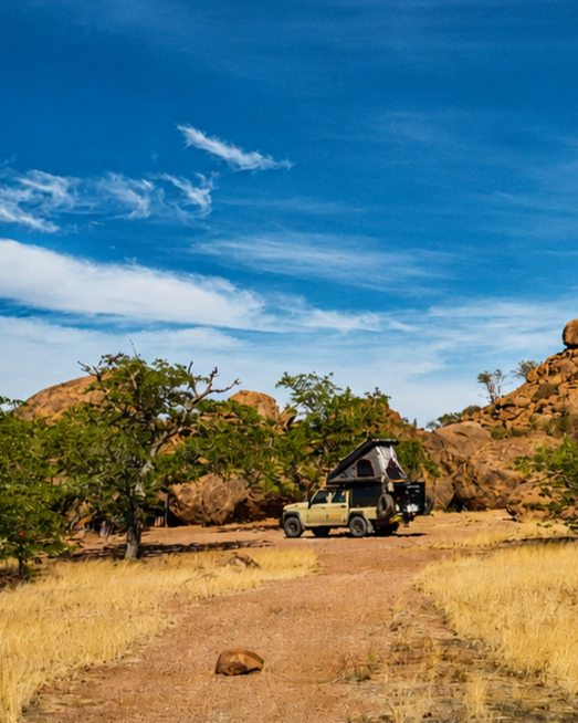 Camping-equipped 4x4 parked beneath trees