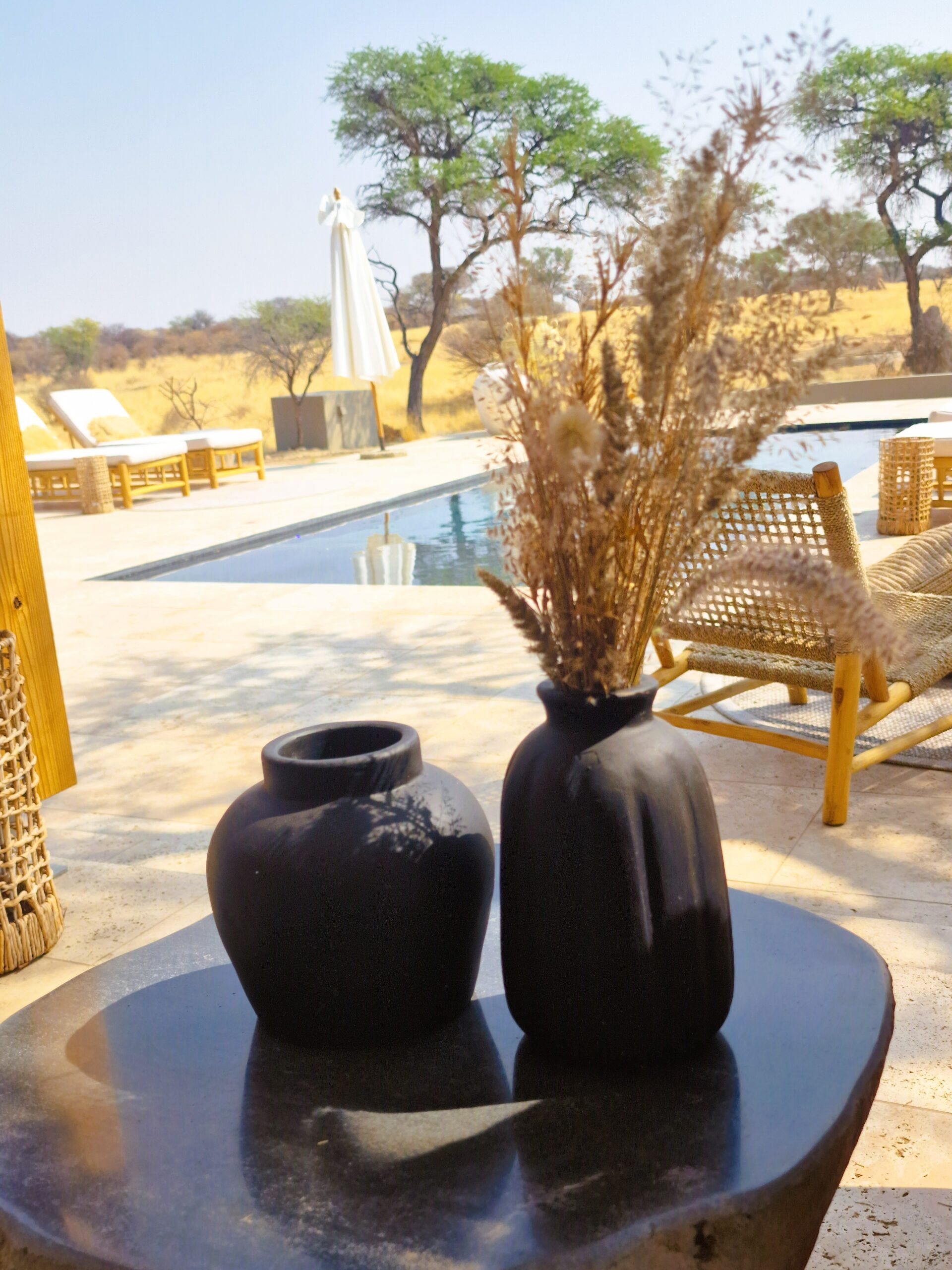 Decorative vessels and lodge outdoor living detail