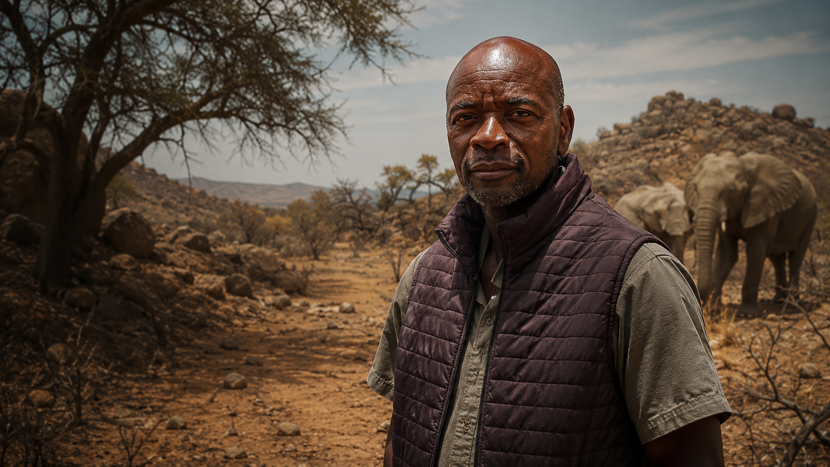 Hendrick Munembome in north-west Namibia with desert-adapted elephants in the landscape.
